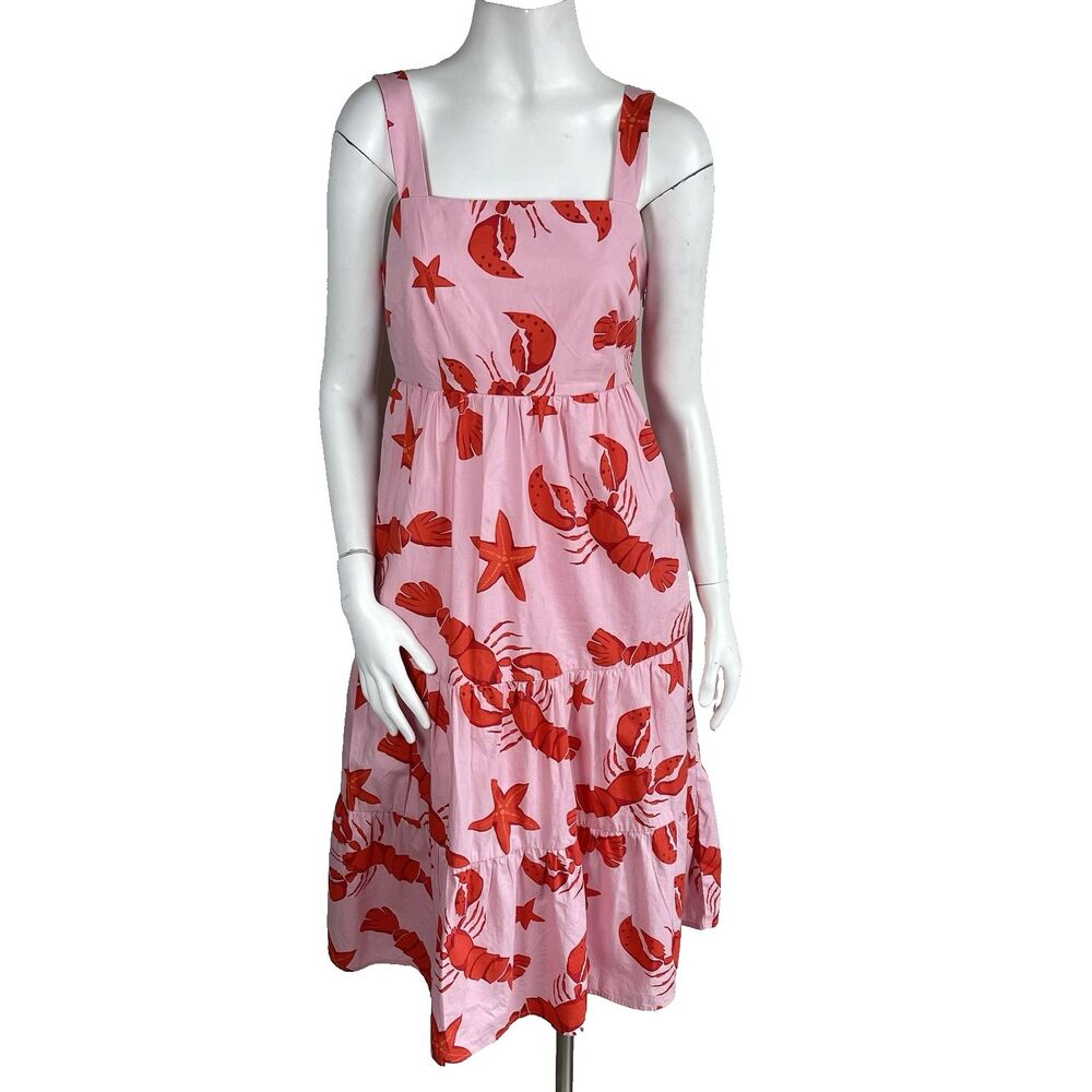 J.Crew Square Neck Smocked Tiered Midi Dress 6P Lobster Print Sundress Resort